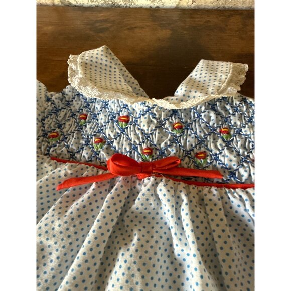 Vintage Hand-Smocked Baby or Doll Dress With Polka Dots & Lace Collar - Picture 2 of 16